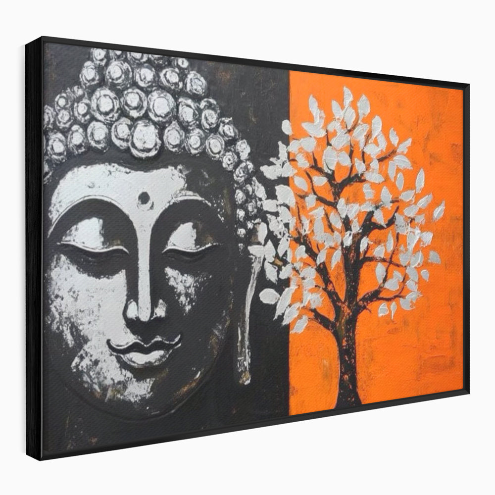 Tablou canvas cu tablou canvas cu capul lui buddha si un copac, in rama de aluminiu negru